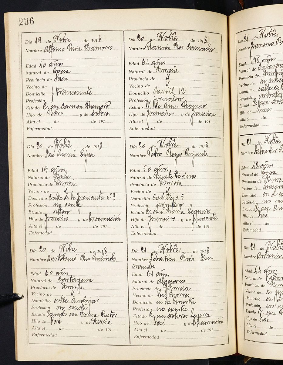 Registro de entrada y salida de enfermos del Hospital. (Hombres). Años 1917, septiembre-1919, octubre.
