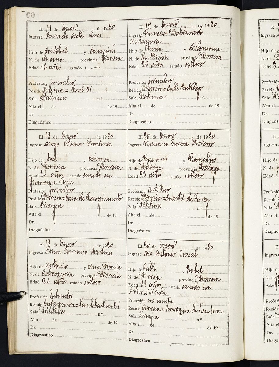 Registro de entrada y salida de enfermos del Hospital. (Hombres y Militares). Años 1919, septiembre-1921, diciembre.