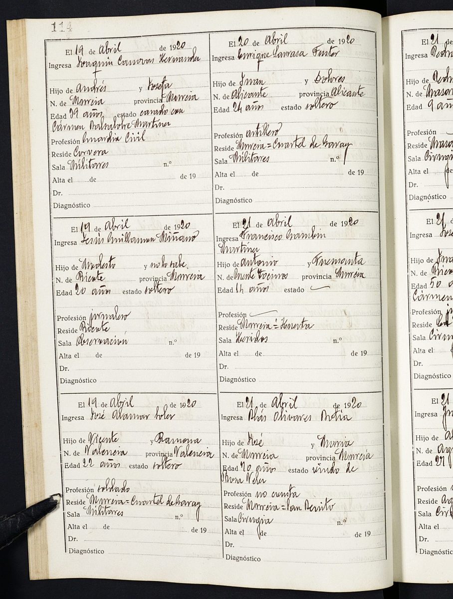 Registro de entrada y salida de enfermos del Hospital. (Hombres y Militares). Años 1919, septiembre-1921, diciembre.