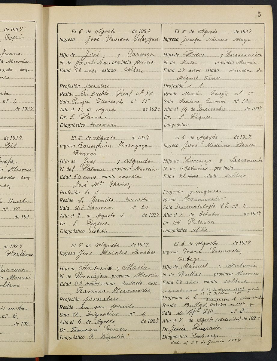 Registro de entrada y salida de enfermos del Hospital. (Hombres, Mujeres y Militares). Años 1927, agosto-1928, noviembre.