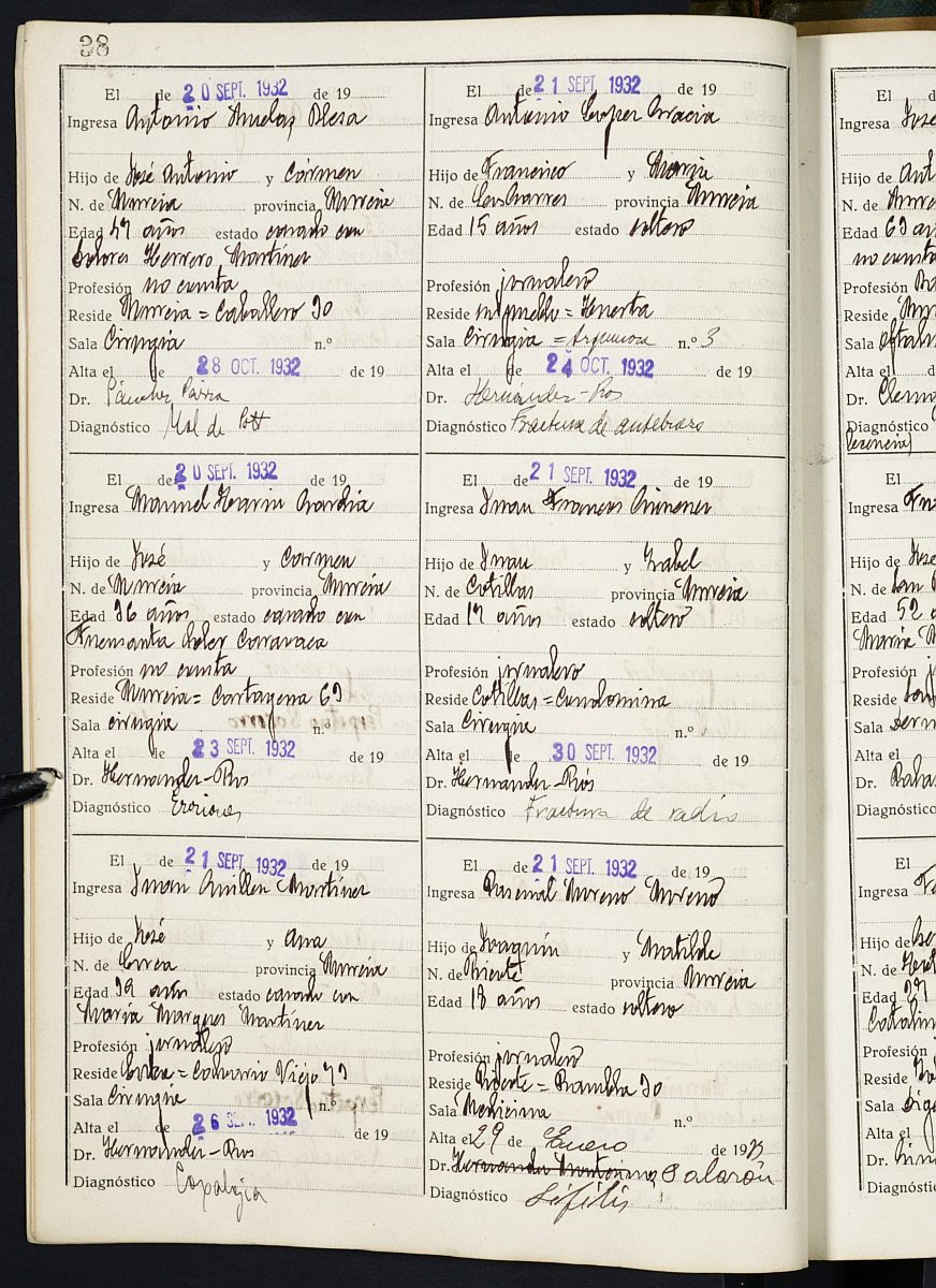Registro de entrada y salida de enfermos del Hospital. (Hombres y Militares). Años 1932, julio-1934, abril.
