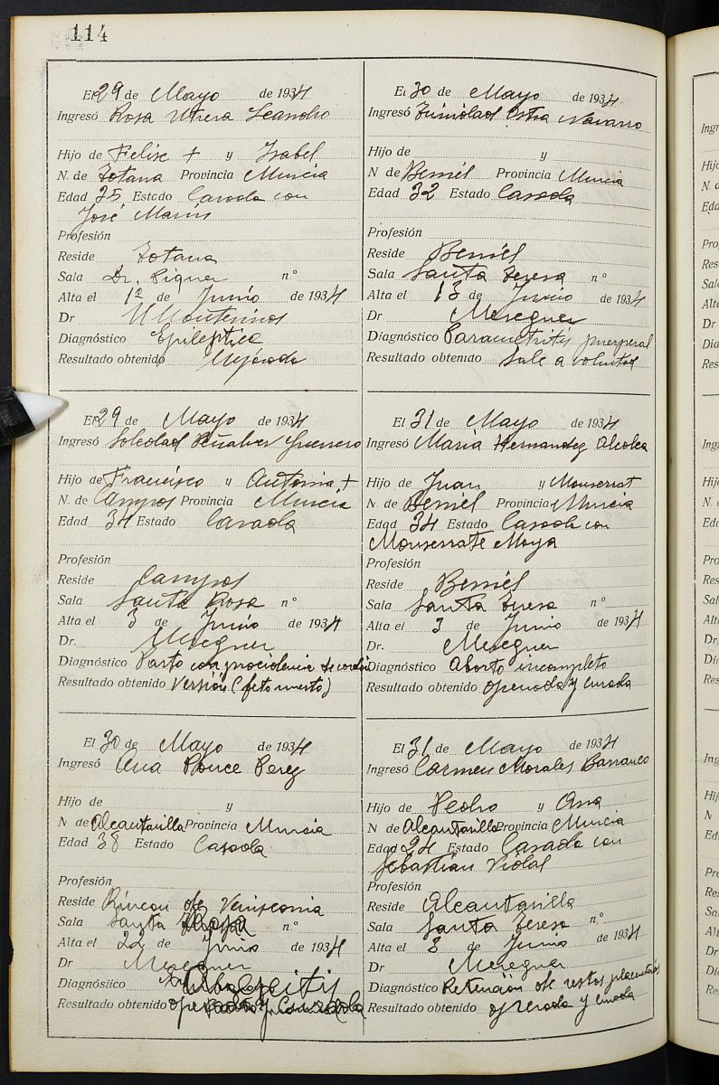 Registro de entrada y salida de enfermos del Hospital. (Mujeres). Años 1933, octubre-1935, diciembre.