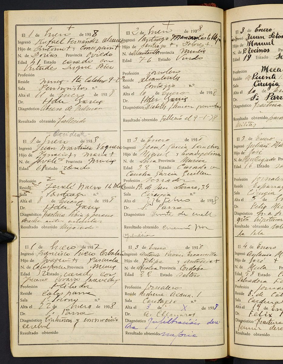 Registro de entrada y salida de enfermos del Hospital. (Hombres). Años 1937, noviembre-1939, julio.
