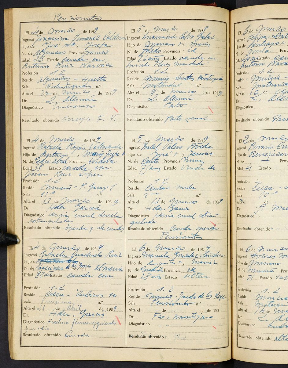 Registro de entrada y salida de enfermos del Hospital. (Mujeres). Años 1938, noviembre-1940, mayo.