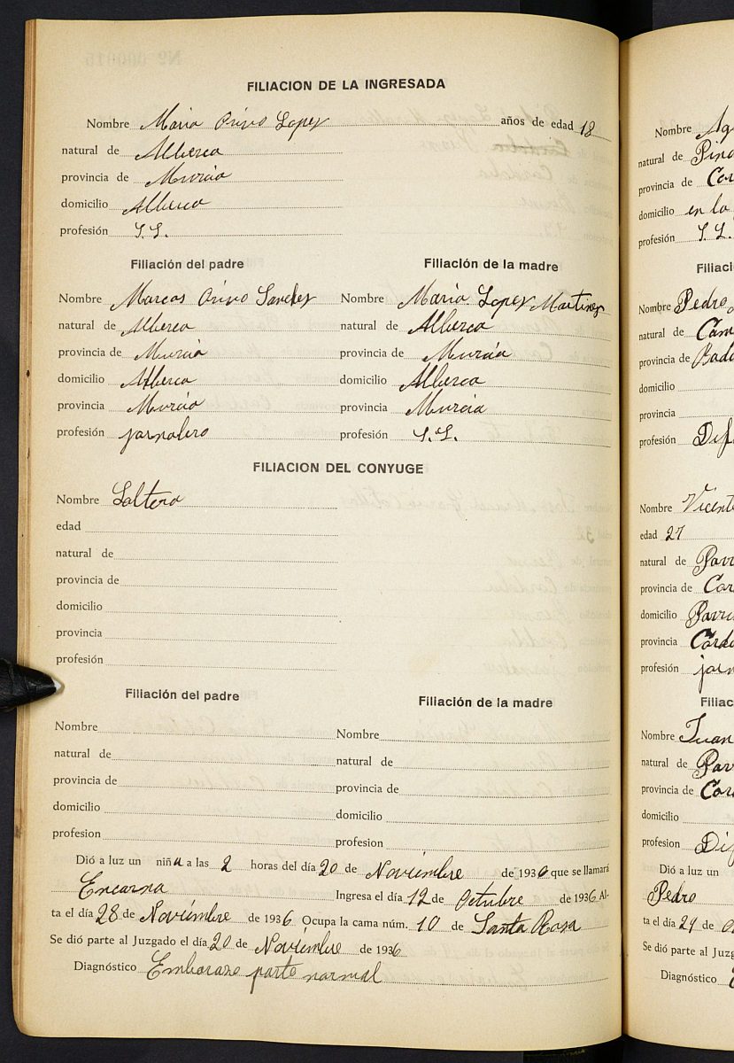 Registro de nacimientos del Hospital. Años 1936, septiembre-1938, enero.