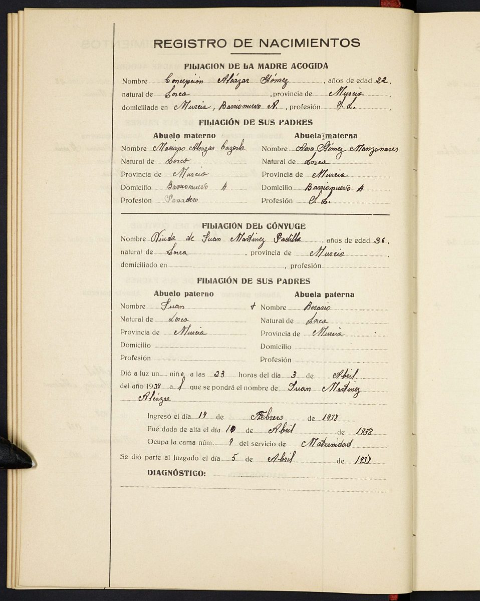 Registro de nacimientos del Hospital. Años 1938, enero-1939, noviembre.
