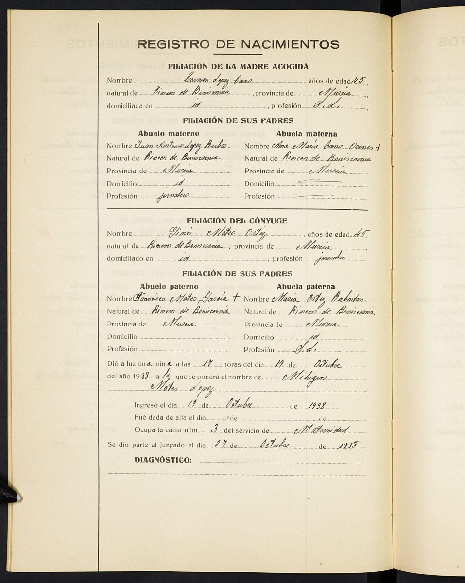 Registro de nacimientos del Hospital. Años 1938, enero-1939, noviembre.