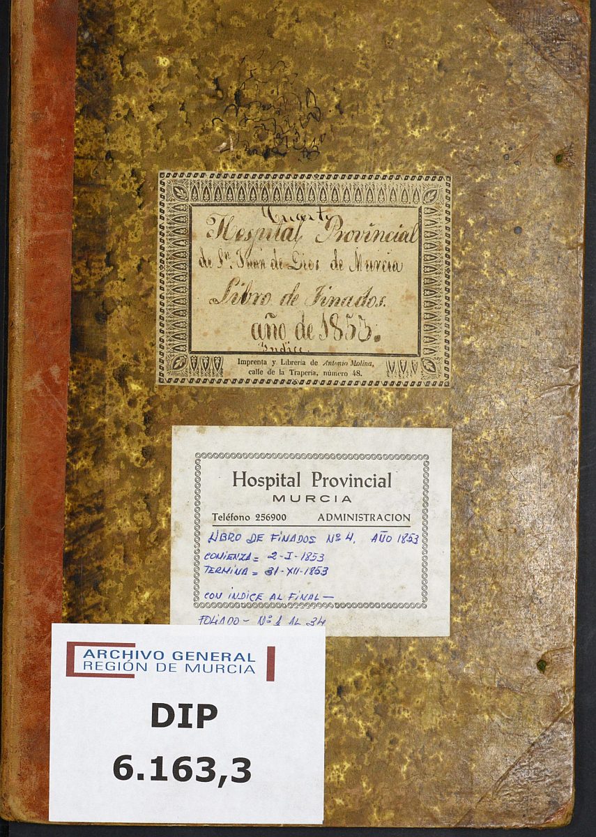 Registro de defunciones del Hospital. Año 1853.
