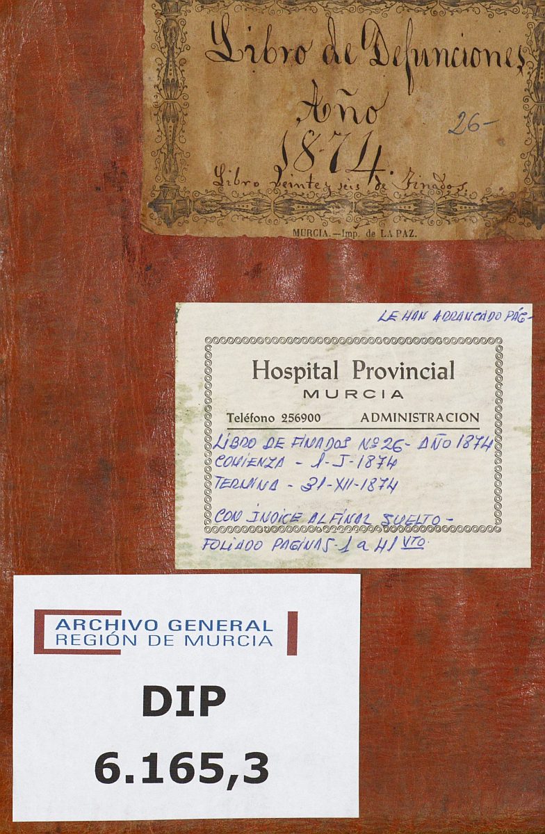 Registro de defunciones del Hospital. Año 1874.