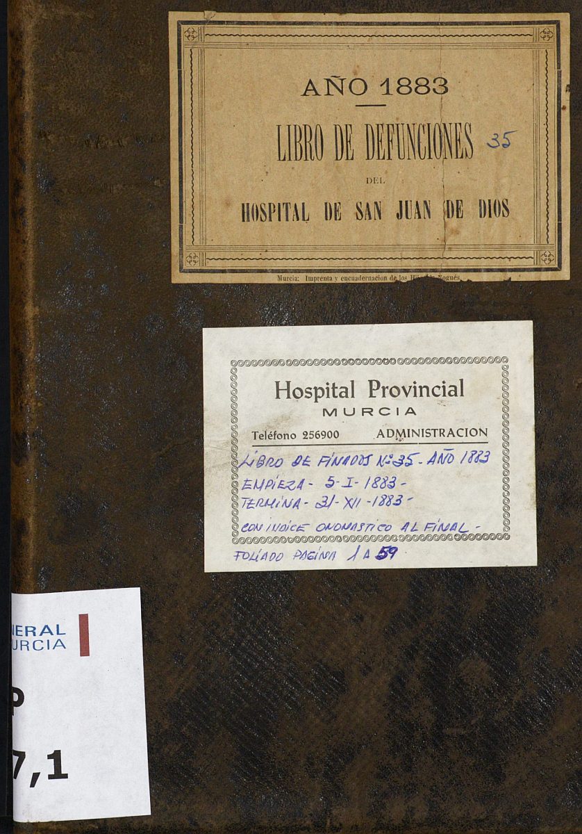 Registro de defunciones del Hospital. Año 1883.