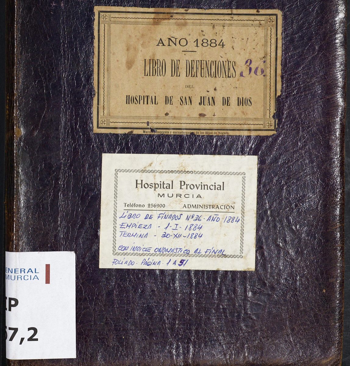 Registro de defunciones del Hospital. Año 1884.