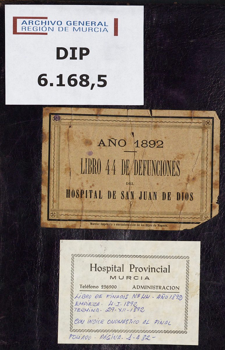 Registro de defunciones del Hospital. Año 1892.