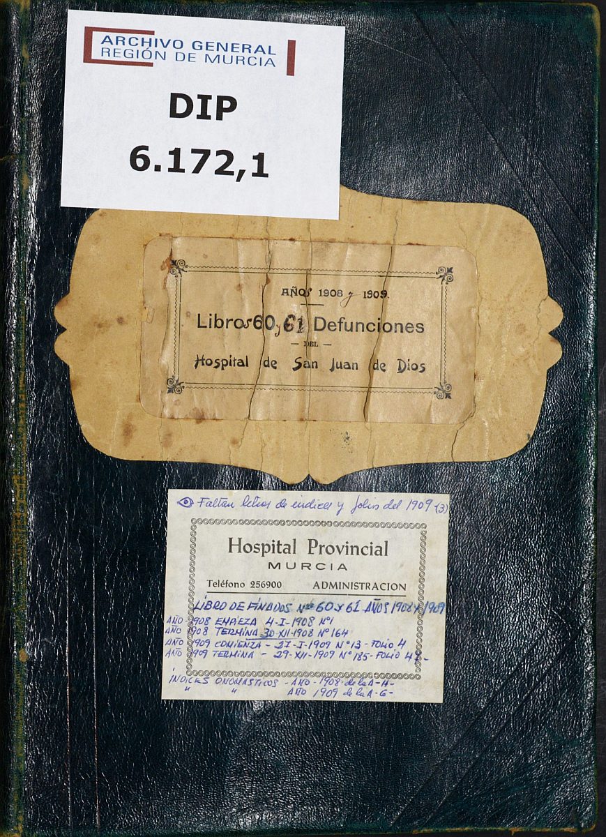 Registro de defunciones del Hospital. Años 1908-1909.