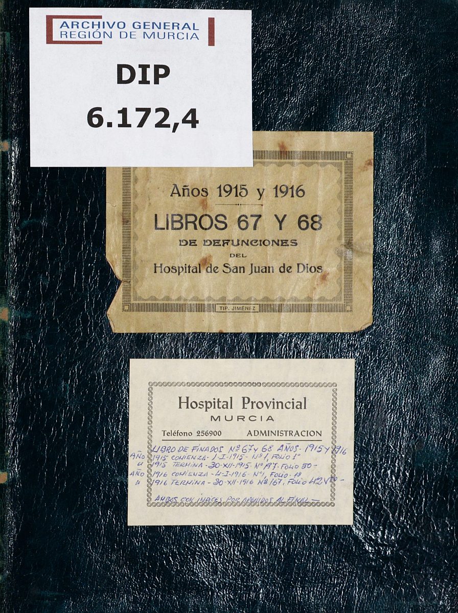 Registro de defunciones del Hospital. Años 1915-1916.