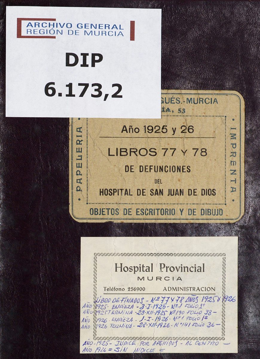 Registro de defunciones del Hospital. Años 1925-1926.