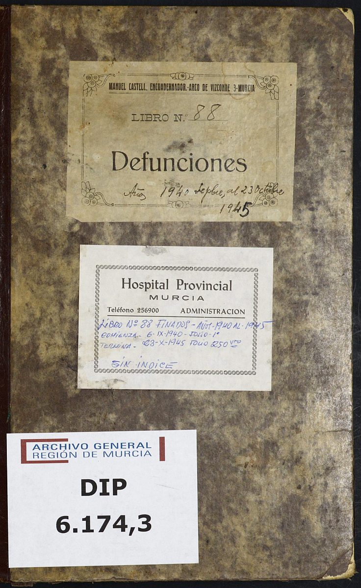 Registro de defunciones del Hospital. Años 1940-1945.