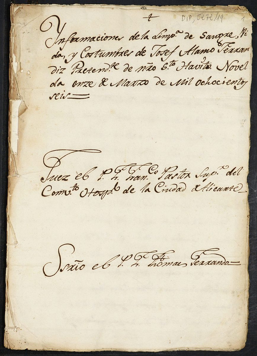 Información de limpieza de sangre, vida y costumbres de José Álamo Ferrándiz, natural de Novelda. Año 1806.
