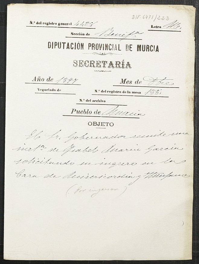 Expediente de solicitud de ingreso en la Casa de Misericordia de Isabel Marín García.