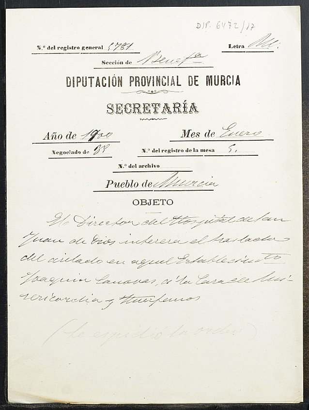Expediente de solicitud de ingreso en la Casa de Misericordia de Joaquín Cánovas