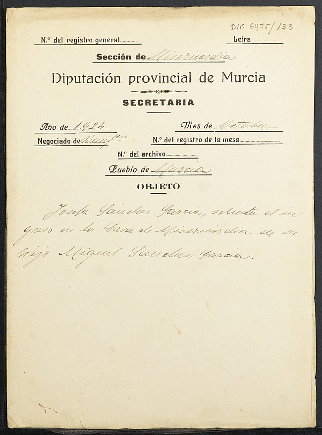Expediente de solicitud de ingreso en la Casa de Misericordia de Miguel Sánchez García, de 10 años.