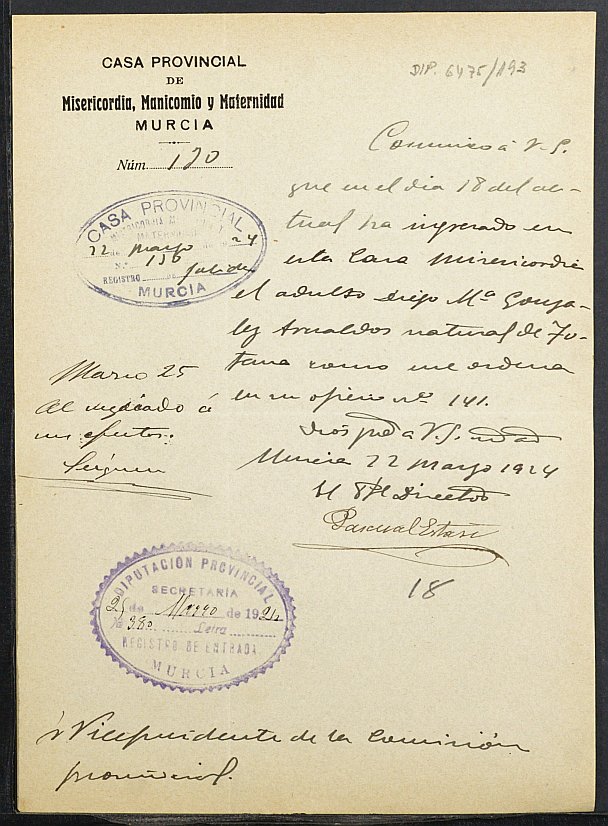 Expediente de solicitud de ingreso en la Casa de Misericordia de Diego María González Arnaldos.