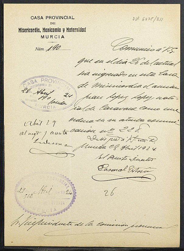 Expediente de solicitud de ingreso en la Casa de Misericordia de Juan López López.