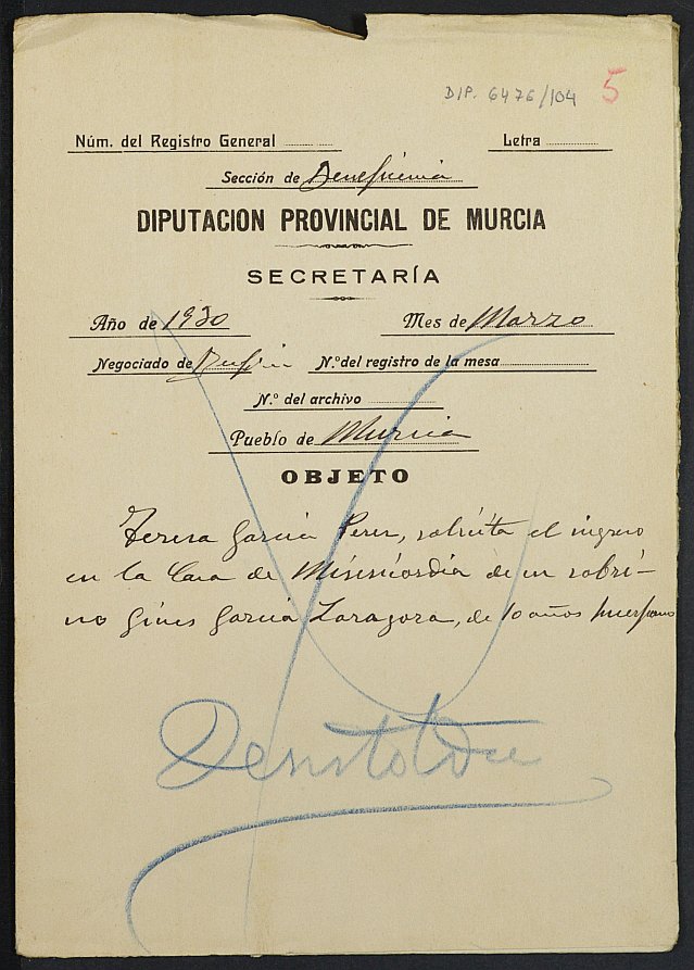 Expediente de solicitud de ingreso en la Casa de Misericordia de Ginés García Zaragoza, de 10 años.