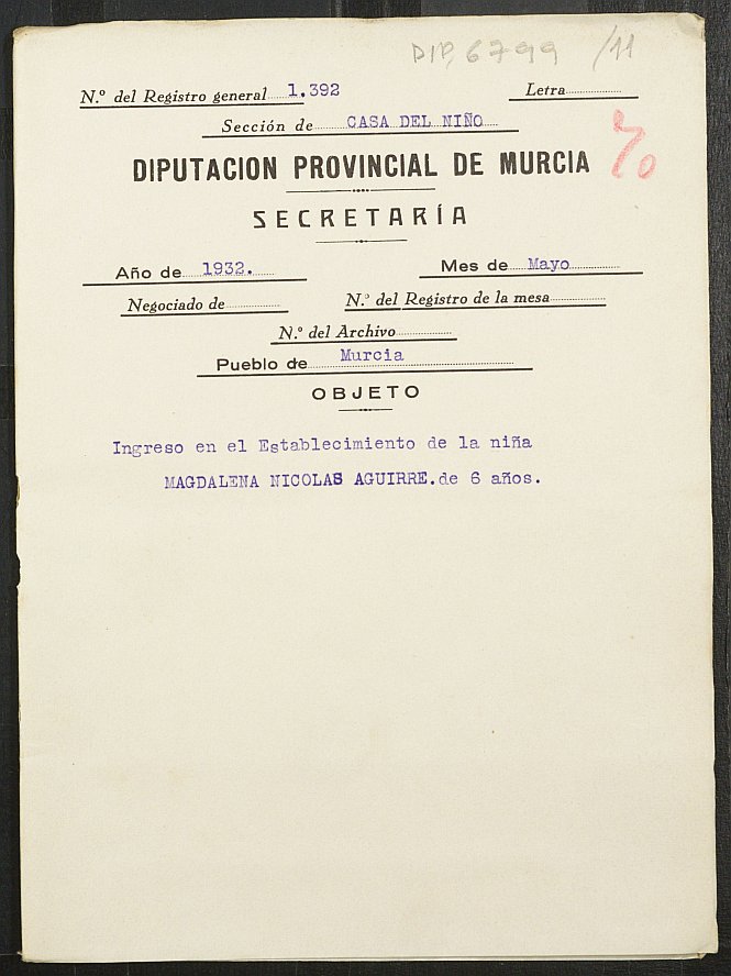 Expediente de ingreso en la Casa Provincial del Niño de Magdalena Nicolás Aguirre.
