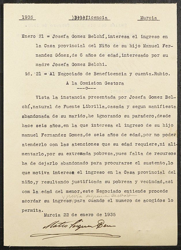 Expediente de solicitud de ingreso en la Casa Provincial del Niño de Manuel Fernández Gómez, de 6 años.
