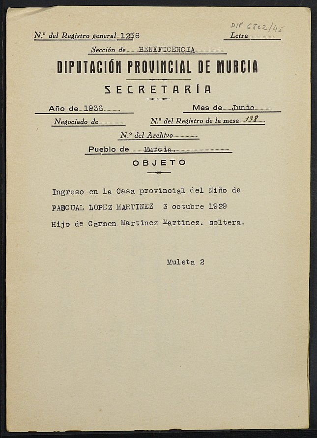 Expediente de solicitud de ingreso en la Casa Provincial del Niño de Pascual López Martínez, de 7 años.