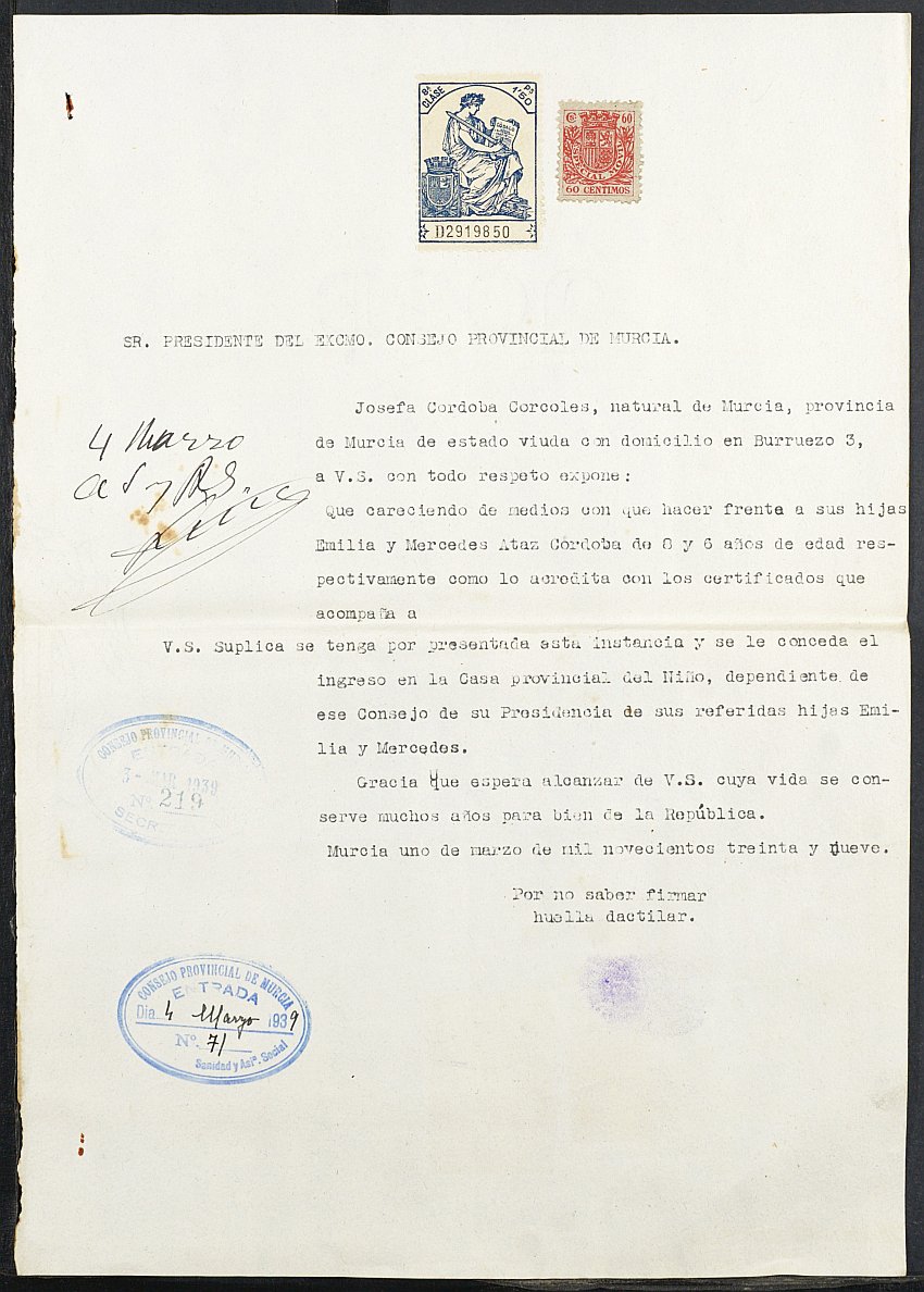 Expediente de solicitud de ingreso en la Casa Provincial del Niño de Emilia y Mercedes Ataz Córdoba, de 8 y 6 años respectivamente.