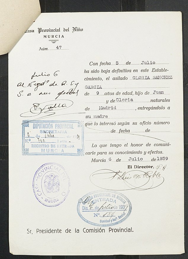 Expediente de solicitud de ingreso en la Casa Provincial del Niño de Gloria Sánchez García, de 9 años.