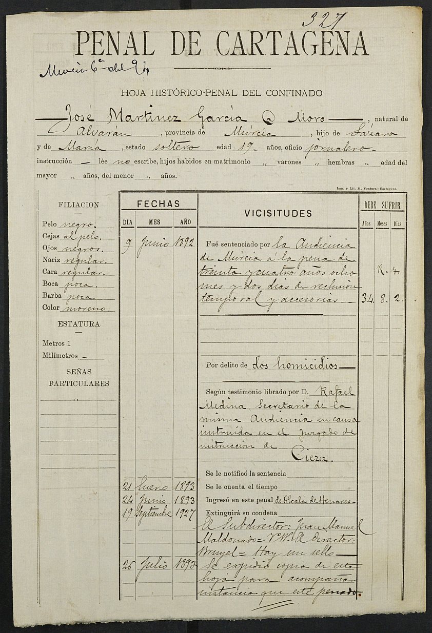 Certificado de encarcelamiento de José Martínez García para la excepción del servicio militar, mozo del reemplazo de 1894 de Murcia.