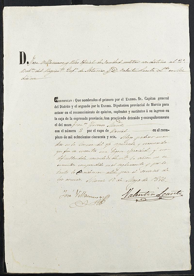 Certificados de las revisiones médicas de los mozos que alegan causa de excepción en el servicio militar del reemplazo de 1856 de Beniel.