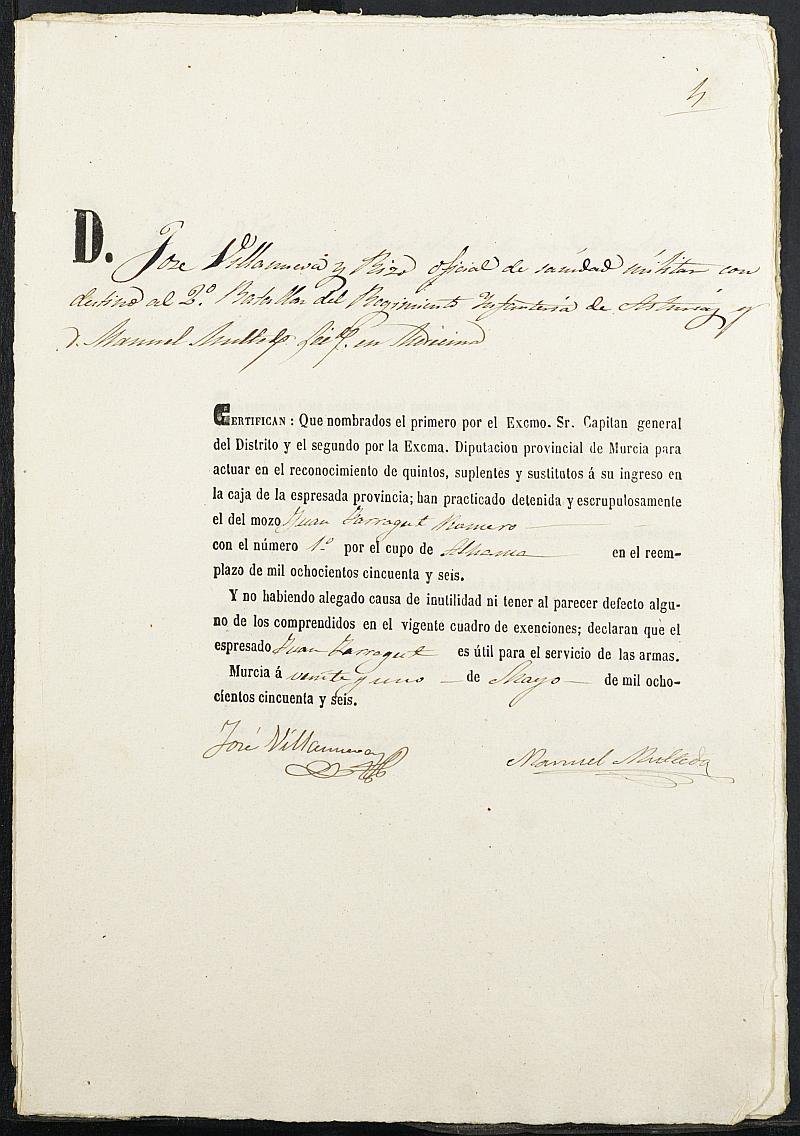 Certificados de las revisiones médicas de los mozos que alegan causa de excepción en el servicio del reemplazo de 1856 de Alhama de Murcia.