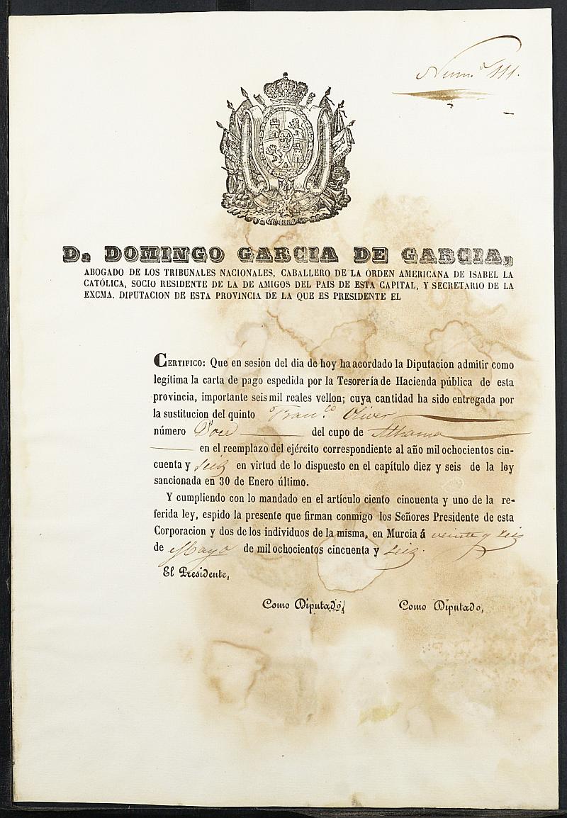Certificado de la carta de pago de la sustitución de Francisco Oliver, mozo del reemplazo de 1856 de Alhama de Murcia.