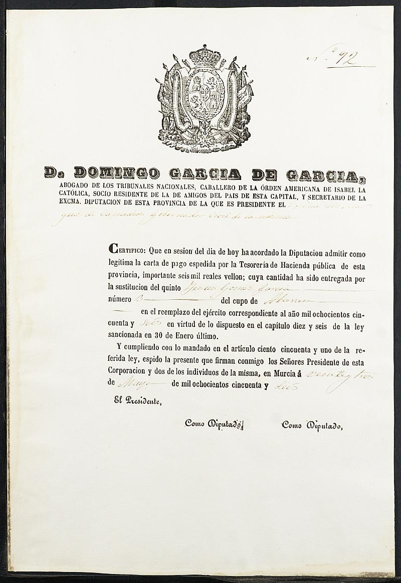 Certificados de las cartas de pago de la sustitución de los mozos para el Ejército, del reemplazo de 1856 de Abarán.