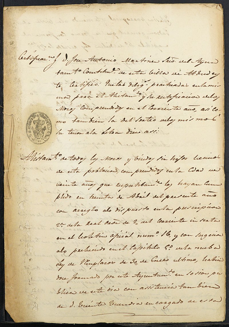 Copia certificada del acta del alistamiento, su rectificación y sorteo de mozos para el Ejército del Ayuntamiento de Albudeite del reemplazo de 1856.