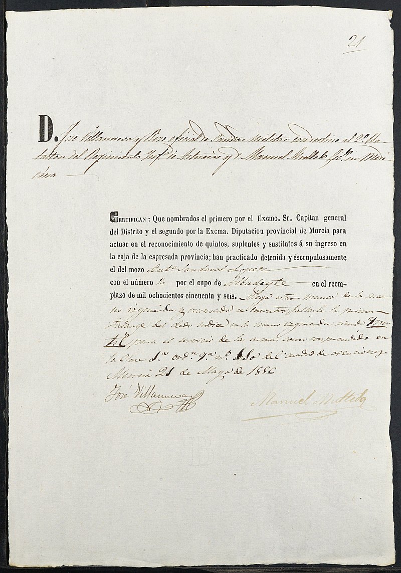 Certificados de las revisiones médicas de los mozos que alegan causa de excepción del servicio militar, del reemplazo de 1856 de Albudeite.