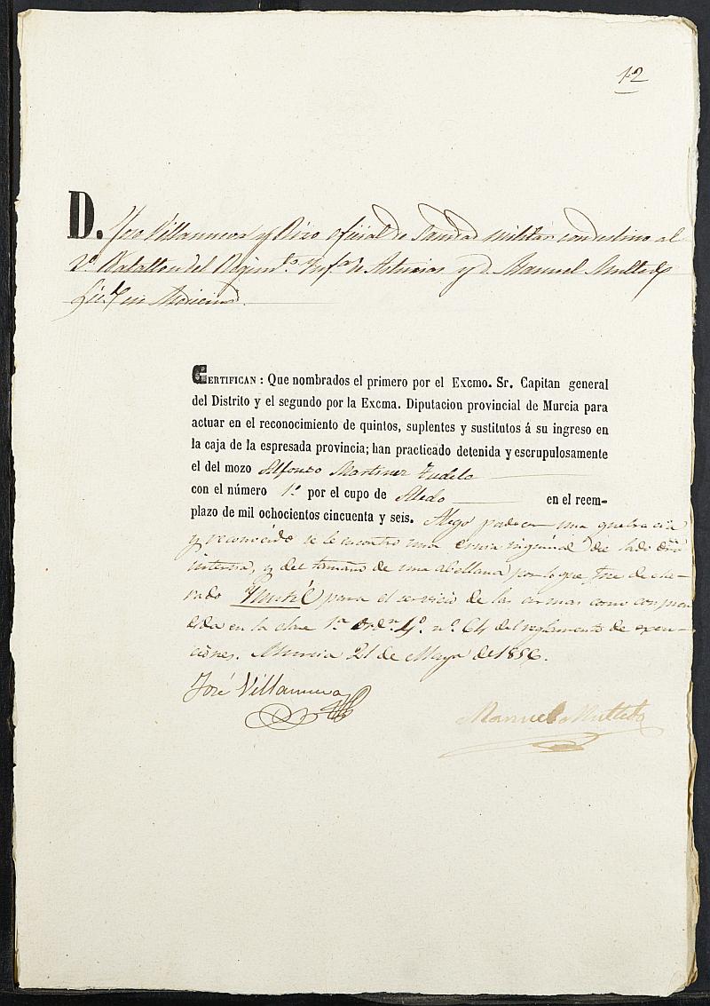 Certificados de las revisiones médicas de los mozos que alegan causa de excepción del servicio militar del reemplazo de 1856 de Aledo.