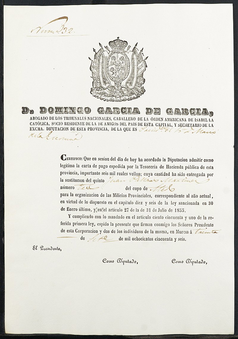 Certificado de la carta de pago de la sustitución de las Milicias Provinciales de Juan Pallarés Martínez, mozo del reemplazo de 1856 de Aledo..