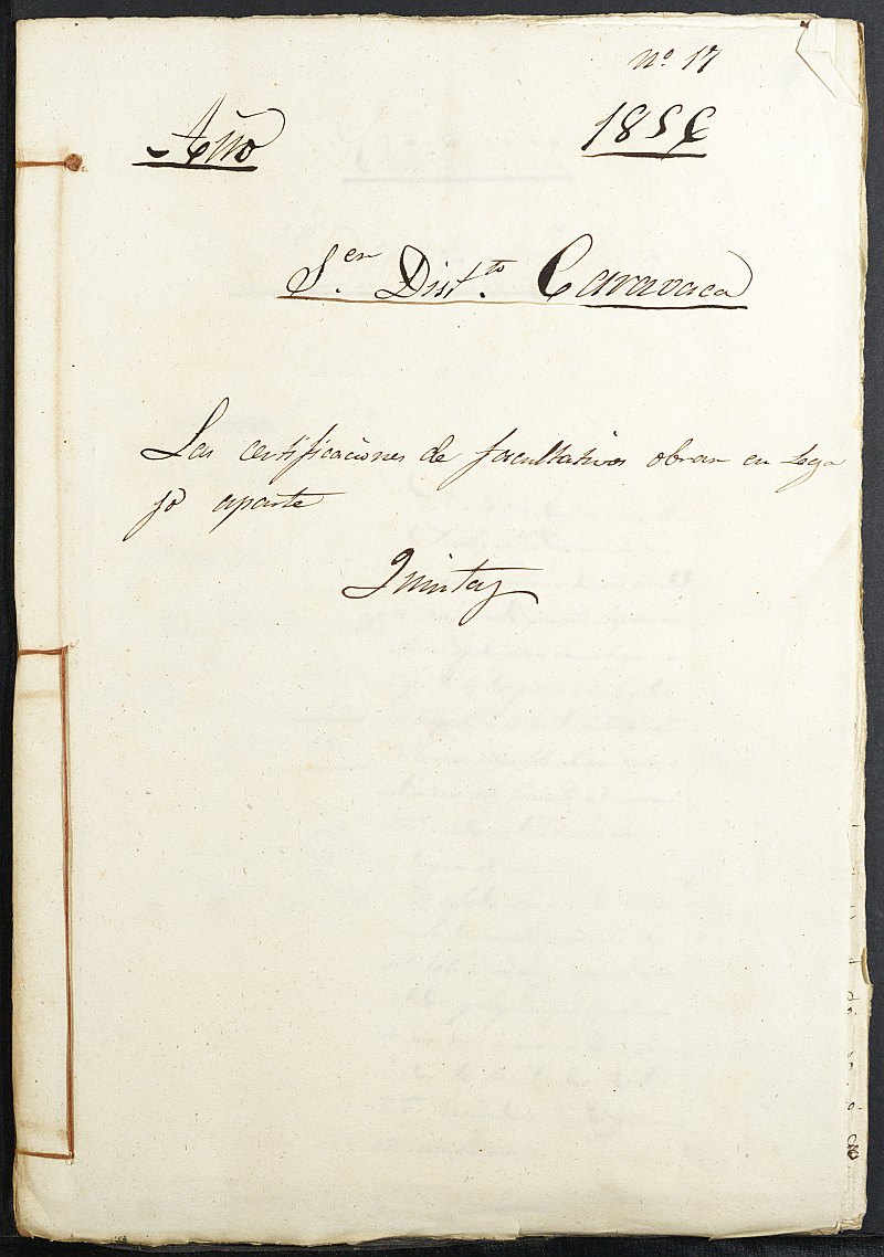 Copia certificada de los acuerdos y diligencias practicadas para la declaración de mozos para el ejército del Primer Distrito del Ayuntamiento de Caravaca de la Cruz del reemplazo de 1856.