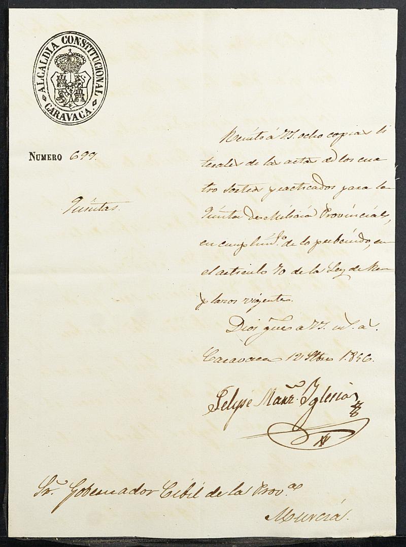 Copias certificadas de las actas de los sorteo de mozos para las Milicias Provinciales del Ayuntamiento de Caravaca de la Cruz del reemplazo de 1856.