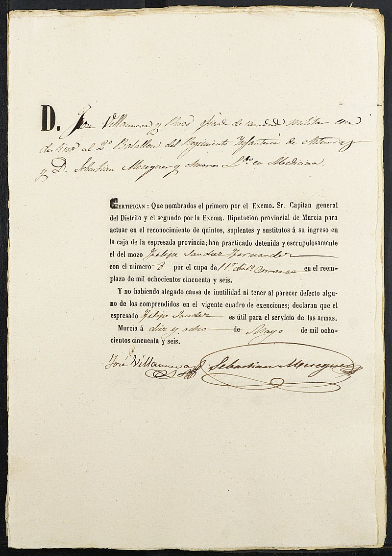 Certificados de las revisiones médicas de los mozos que alegan causa de excepción del servicio militar para el Ejército del reemplazo de 1856 de Caravaca de la Cruz
