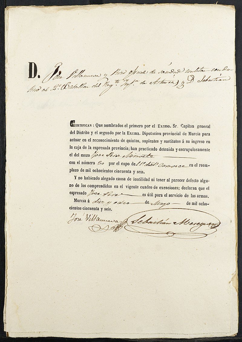 Certificados de las revisiones médicas de los mozos que alegan causa de excepción del servicio militar para el Ejército del reemplazo de 1856 de Caravaca de la Cruz