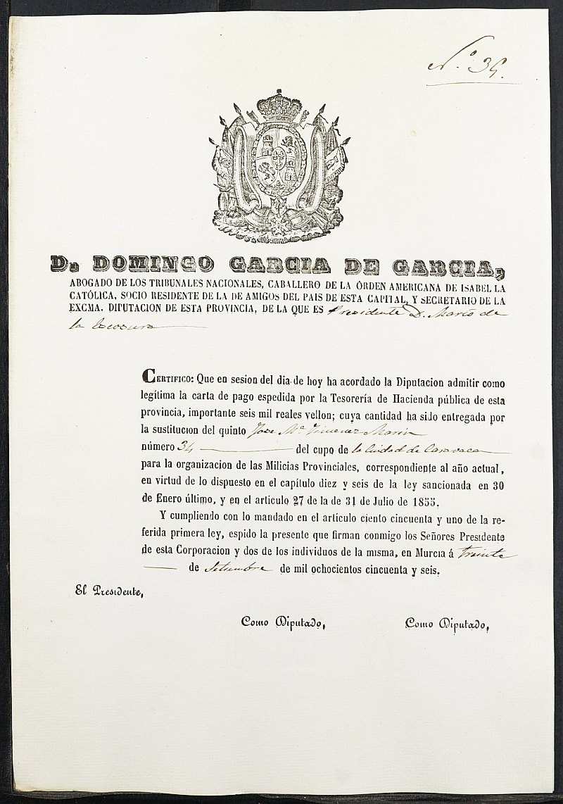 Certificados de las cartas de pago de la sustitución de los mozos para las Milicias Provinciales  del reemplazo de 1856 de Caravaca de la Cruz.