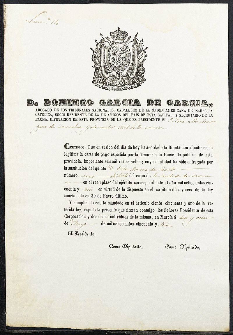 Certificados de las cartas de pago de la sustitución de los mozos para el Ejército del  reemplazo de 1856 de Caravaca de la Cruz.
