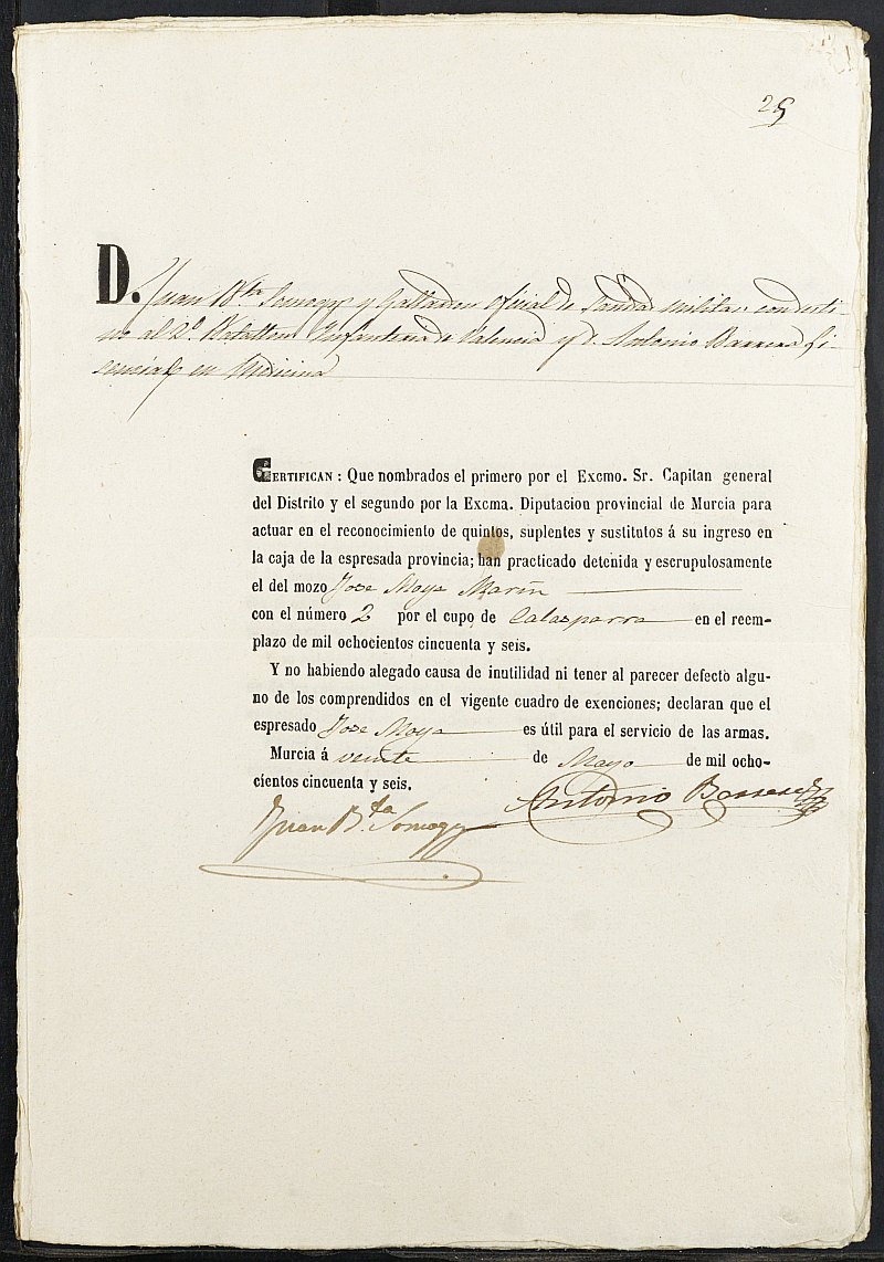 Certificados de las revisiones médicas de los mozos que alegan causa de excepción del servicio para el ejército del reemplazo de 1856 de Calasparra.
