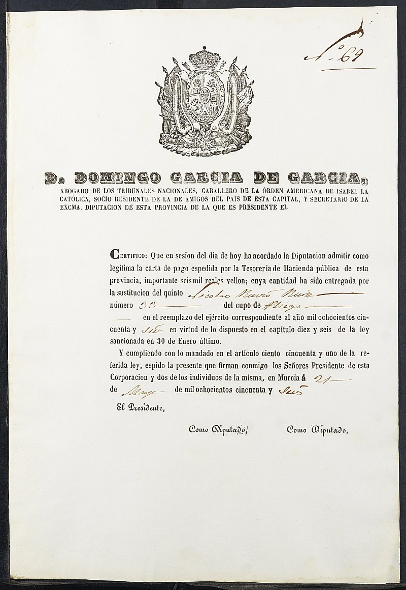 Certificado de la carta de pago de la sustitución de Nicolás Rubio Ruiz, mozo del reemplazo de 1856 de Pliego.