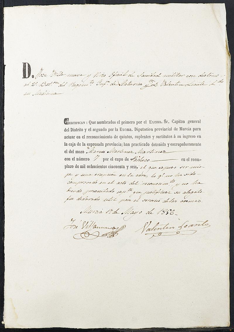 Certificados de las revisiones médicas de los mozos que alegan causa de excepción del servicio militar para el Ejército del Ayuntamiento de Torre Pacheco del reemplazo de 1856.